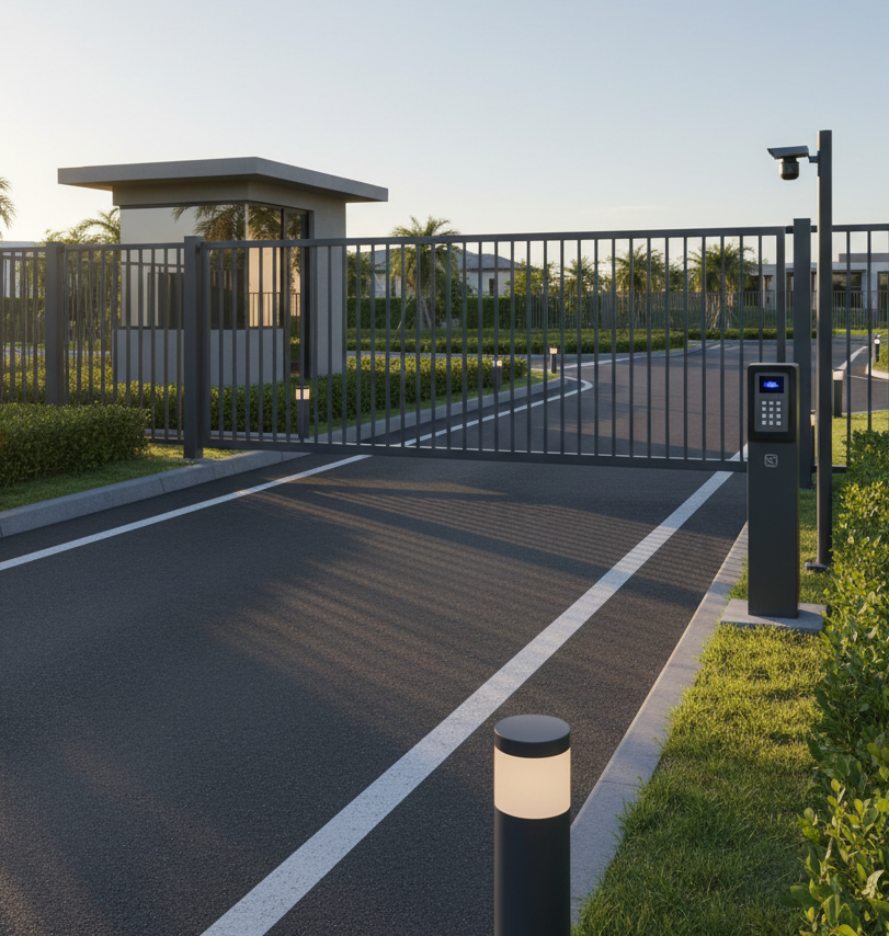 A secure gated community entrance viewed from slightly above, featuring a robust dark-metal sliding gate with vertical bars, integrated keypad pedestal, and a discrete license plate camera mounted on a minimal pole. The road surface is clean asphalt with precise white lane markings leading up to the gate, flanked by manicured hedges and low bollard lights. Warm late-afternoon sunlight casts long, soft shadows from the gate and foliage, adding depth without feeling harsh. The sky is a clear, muted blue, subtly reflected on a small glass security booth with tinted windows. The composition uses leading lines of the roadway drawing the eye toward the gate, with moderate depth of field keeping all critical security details sharp. Photographic realism with a calm, upscale atmosphere, emphasizing reliable perimeter protection.