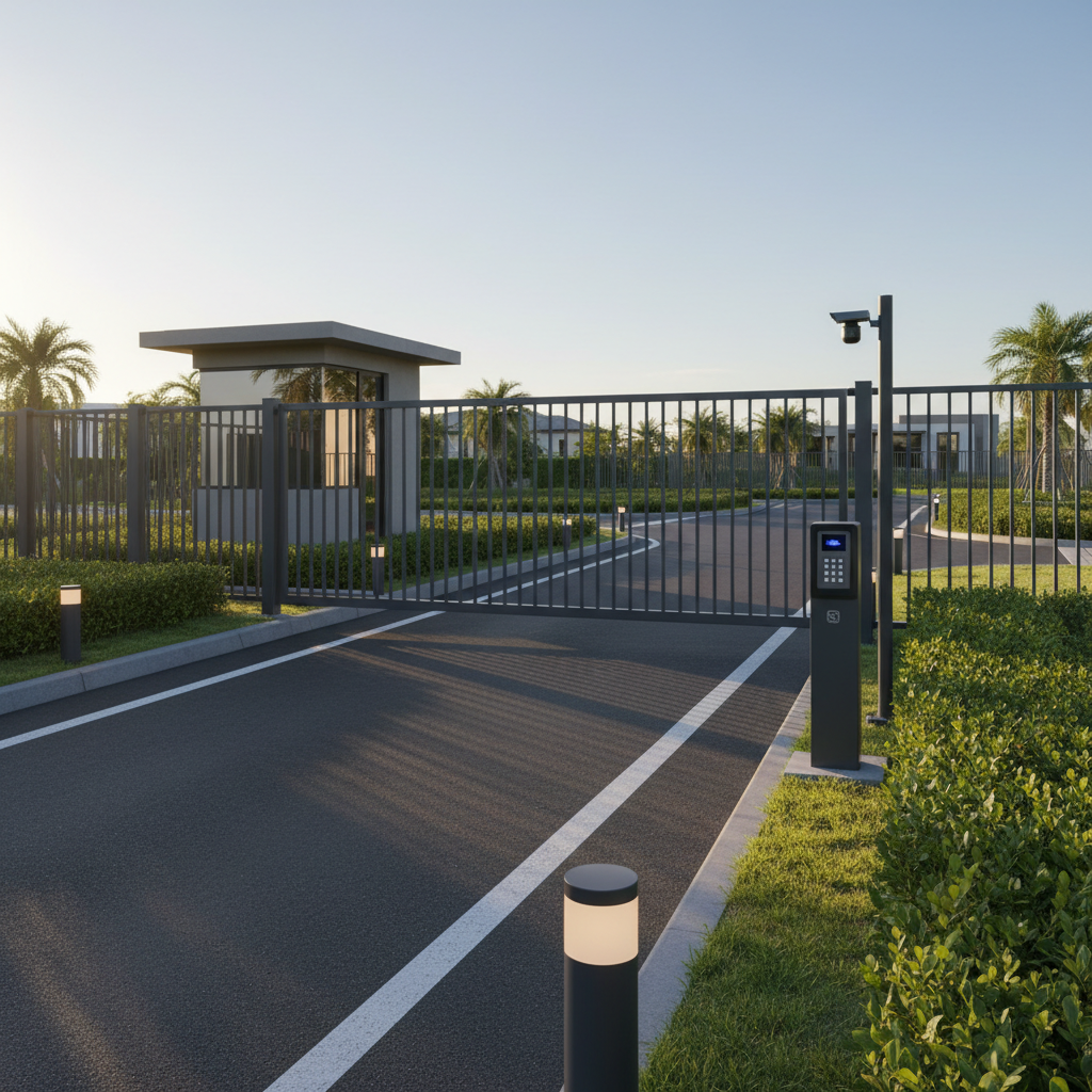 A secure gated community entrance viewed from slightly above, featuring a robust dark-metal sliding gate with vertical bars, integrated keypad pedestal, and a discrete license plate camera mounted on a minimal pole. The road surface is clean asphalt with precise white lane markings leading up to the gate, flanked by manicured hedges and low bollard lights. Warm late-afternoon sunlight casts long, soft shadows from the gate and foliage, adding depth without feeling harsh. The sky is a clear, muted blue, subtly reflected on a small glass security booth with tinted windows. The composition uses leading lines of the roadway drawing the eye toward the gate, with moderate depth of field keeping all critical security details sharp. Photographic realism with a calm, upscale atmosphere, emphasizing reliable perimeter protection.