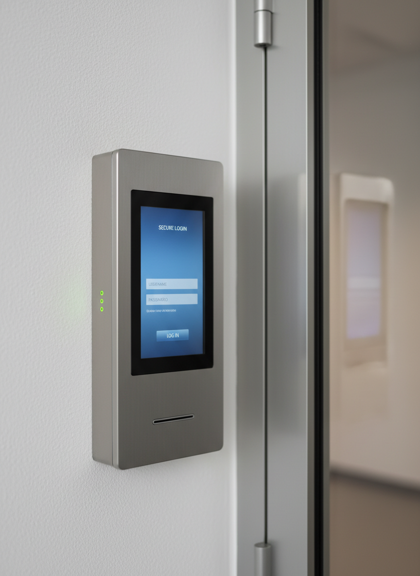 A close-up of a brushed-titanium electronic access control panel mounted beside a reinforced glass office door, the panel’s high-resolution touchscreen showing a secure login interface with a subtle blue gradient and clean typography. Tiny status LEDs glow green along the panel’s edge, and a slim card reader slot runs beneath the screen. The surrounding wall is smooth white with a fine texture, contrasting with the metallic sheen of the device. Soft daylight from an unseen window casts diffused, lateral light, emphasizing surface textures and creating a gentle highlight along the glass door’s edge. Captured from a slightly angled side view with shallow depth of field, the background corridor is softly blurred. Photographic realism, minimal and modern, highlighting smart, discreet protection.