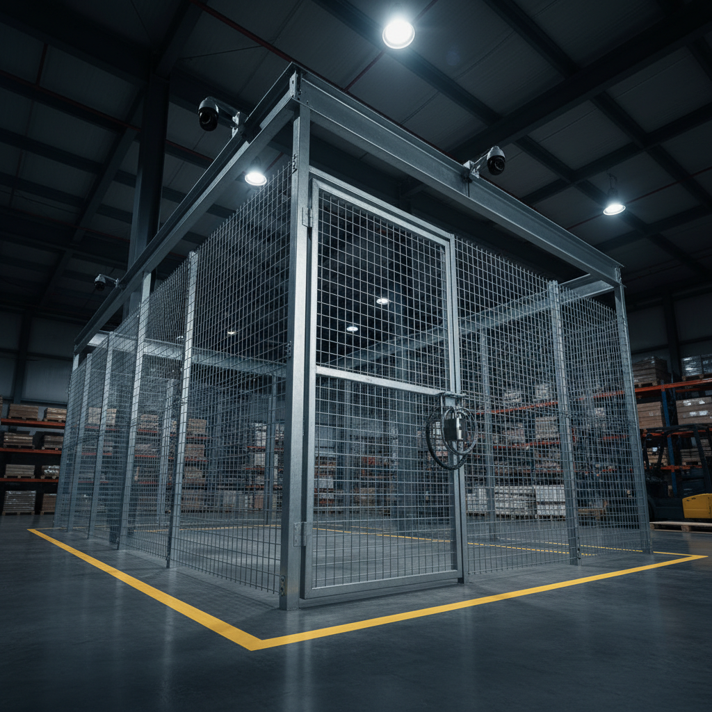 A dimly lit industrial warehouse interior with a clearly defined security perimeter: sturdy wire-mesh fencing panels, lockable steel gate, and bright yellow security line painted on the polished concrete floor. High-resolution bullet cameras are mounted along overhead steel beams, their lenses directed toward the secured area. Cool, directional overhead LED fixtures create patches of light and shadow, highlighting the fence texture and the metallic sheen of the gate lock. Pallets and shelving in the distance are visible but softly blurred, maintaining focus on the protective barrier. Captured from a low-angle, three-quarter view to emphasize the height and strength of the fencing. Photographic realism with a serious, controlled atmosphere, showcasing industrial-grade asset protection.