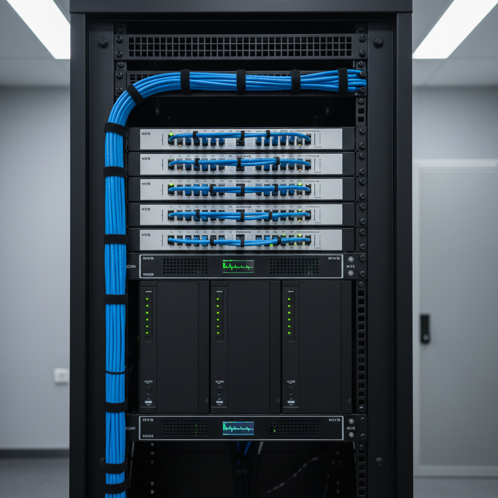 A precision close-up of a network security rack inside a tidy equipment room, showcasing neatly bundled blue and black Ethernet cables routed into labeled patch panels, a row of rack-mounted NVRs (network video recorders) with small, uniform green status LEDs, and a central managed switch with an active traffic indicator graph on a small front display. The rack is matte black, contrasting with the vibrant cable colors. Cool overhead LED lighting creates even, shadow-minimized illumination, emphasizing order and clarity. The background shows just a hint of a light gray wall and a closed metal cabinet, softly out of focus. Photographic realism with a clinical, high-tech feel, underlining the digital backbone of advanced security services.