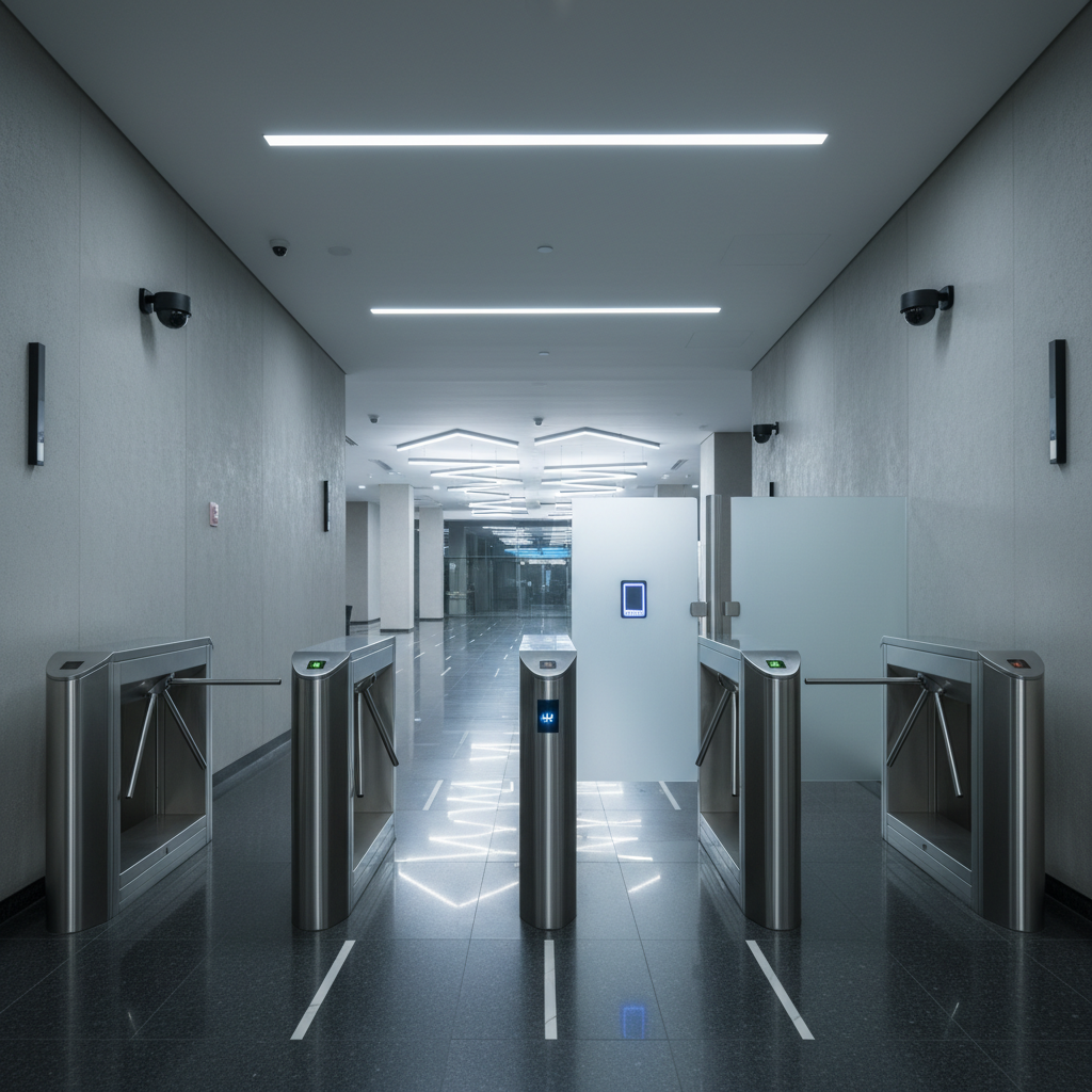 A high-security commercial building entrance at night, featuring polished stainless-steel turnstiles and a frosted-glass access gate embedded with a glowing blue RFID reader panel. The floor is glossy dark stone, reflecting subtle highlights from recessed ceiling spotlights. Along the walls, discrete black dome cameras and slimline motion sensors are visible, integrated into the architecture. Cool, even lighting creates a clear, professional atmosphere, with soft shadows under the turnstiles adding depth. The camera angle is slightly low and wide, emphasizing the controlled access path leading into the building. The background fades into gentle bokeh of an illuminated lobby. Photographic realism with a crisp, corporate aesthetic, conveying professional, technology-driven security.