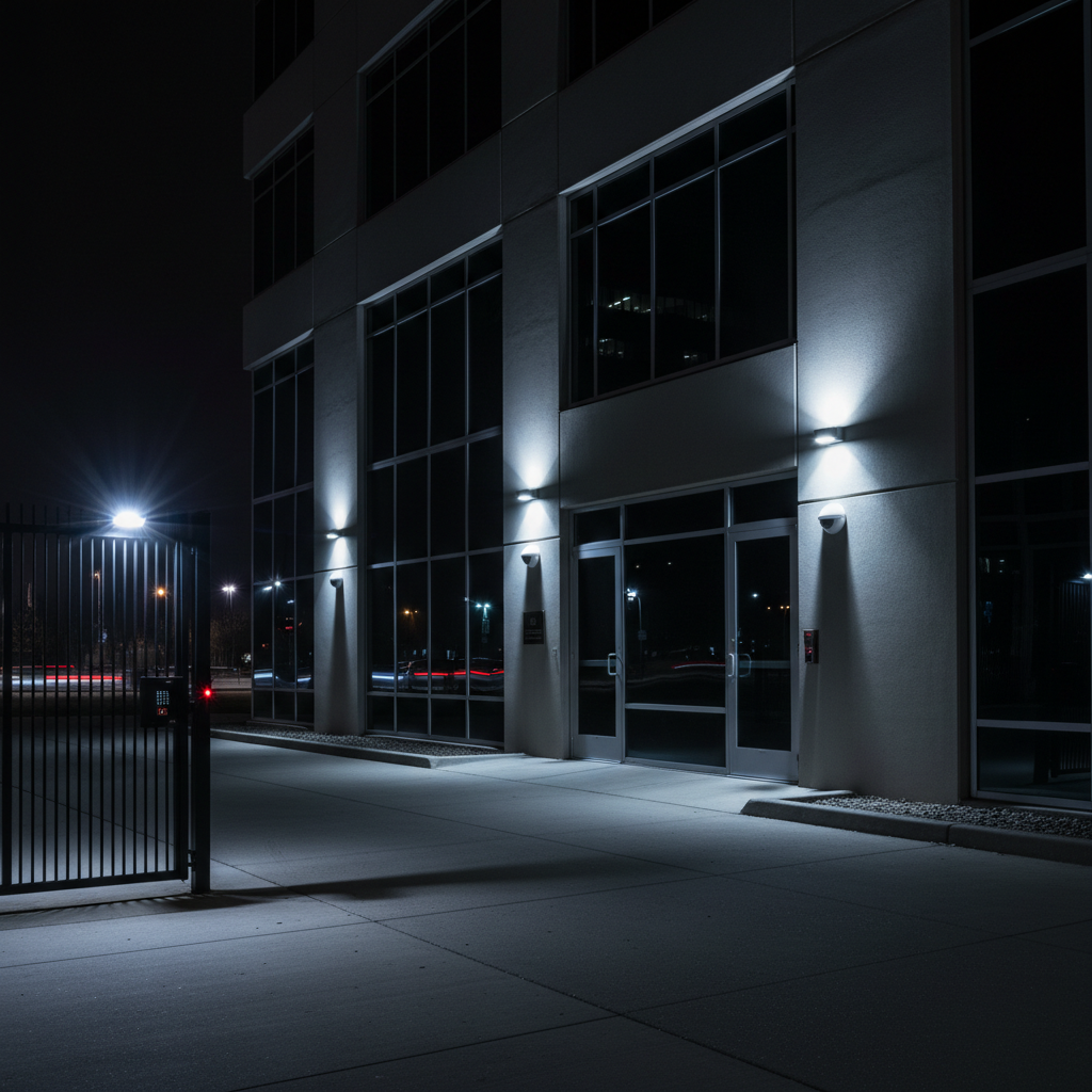 A dark, high-contrast nighttime exterior of a mid-size office building, with perimeter lighting carefully defining security elements: wall-mounted motion-activated LED floodlights illuminating entry doors, a clearly visible surveillance camera beneath each light, and a secure side gate with a keypad lock. The building façade is modern, with smooth concrete panels and large reflective windows showing faint city lights. Cool white lighting creates crisp, directional shadows that emphasize edges and hardware, while the rest of the scene recedes into a controlled darkness. Shot from a slightly low, wide-angle perspective, the composition leads from the foreground gate toward the main entrance. Photographic realism, with a vigilant, watchful mood, highlighting nighttime protection strategies.