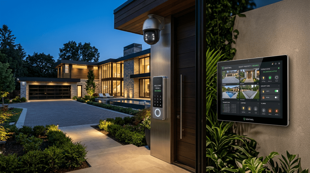 Smart home security system control panel and outdoor camera at house entrance