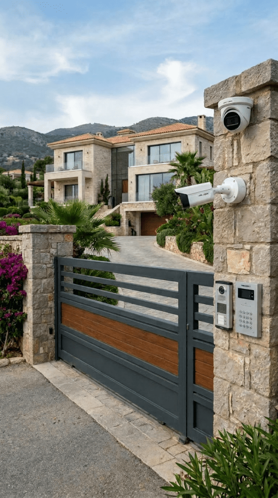 Front entrance gate equipped with security cameras and intercom system at a large stone house