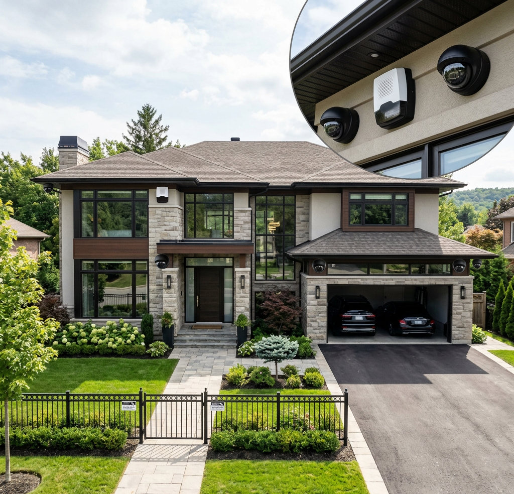 Two-story house with security cameras and siren installed at the entrance and garage